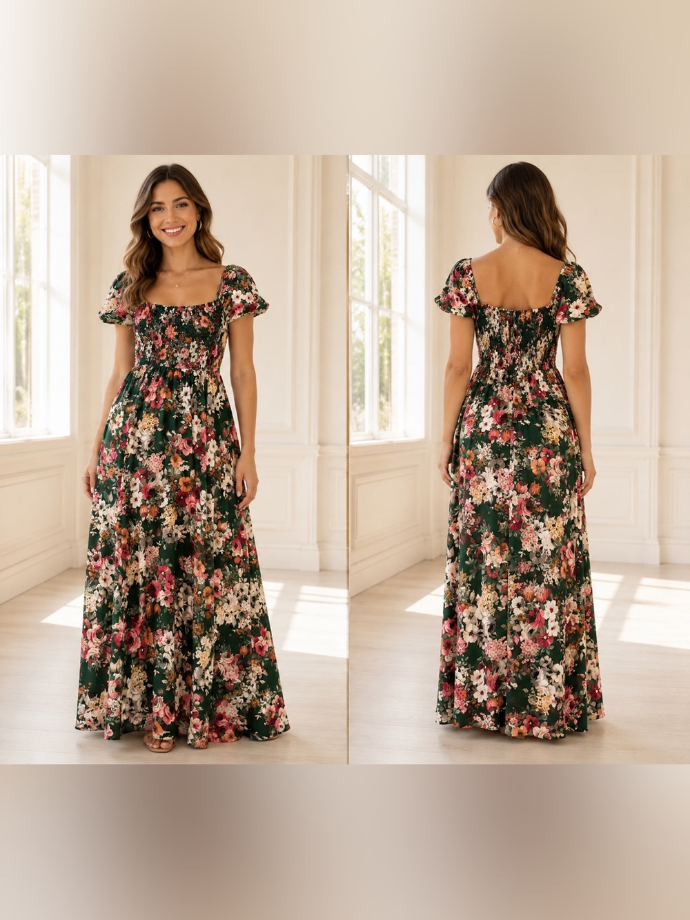 Vibe Dark Green Floral Maxi Dress